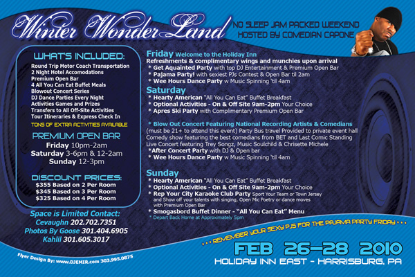 Winter Wonderland Black Celebrity Ski Trip Flyer Design Info Side